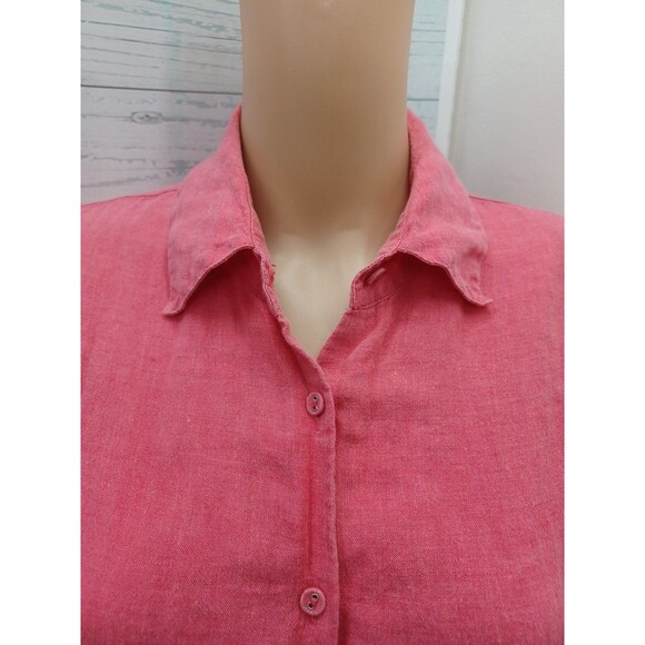 Chicos 100% Linen Button Up Top Tunic Sz 0 (Small) Red Roll Tab Sleeves - Picture 2 of 7